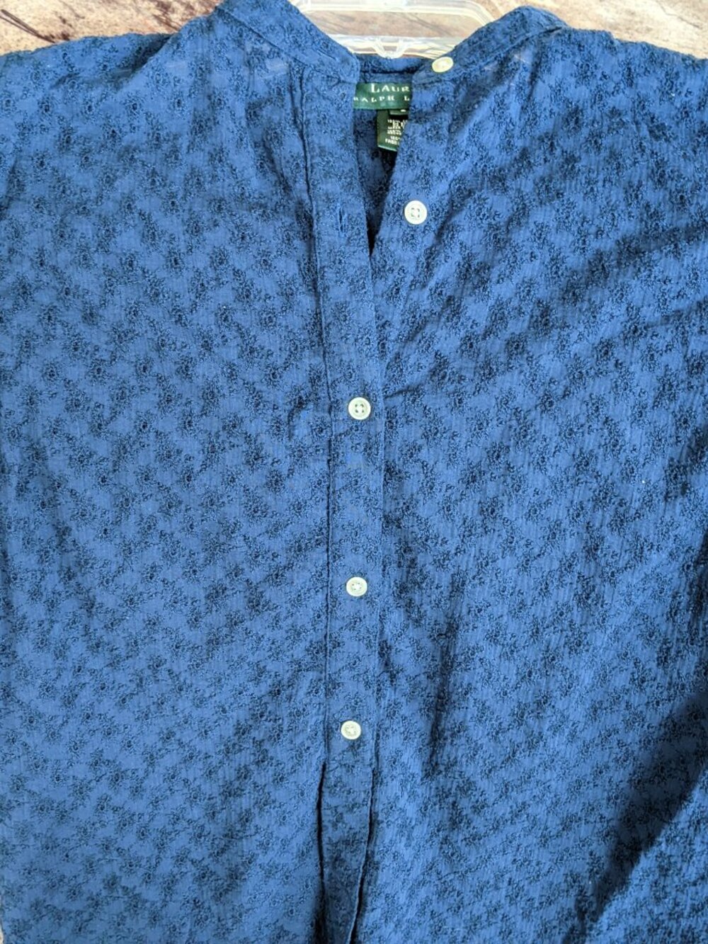 Ralph Lauren Navy Blue Eyelet Long Sleeve Cotton Button Down Blouse Size S